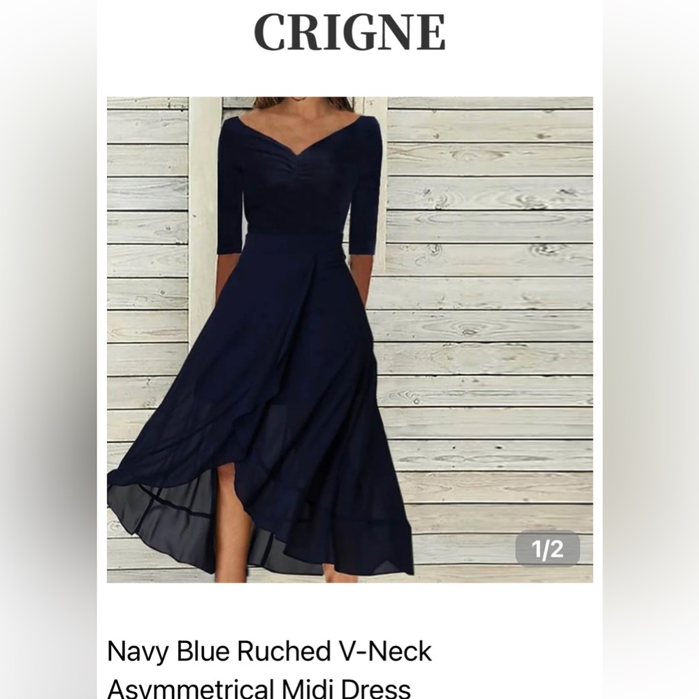 Navy Blue Ruched V-Neck Asymmetrical Midi Dress